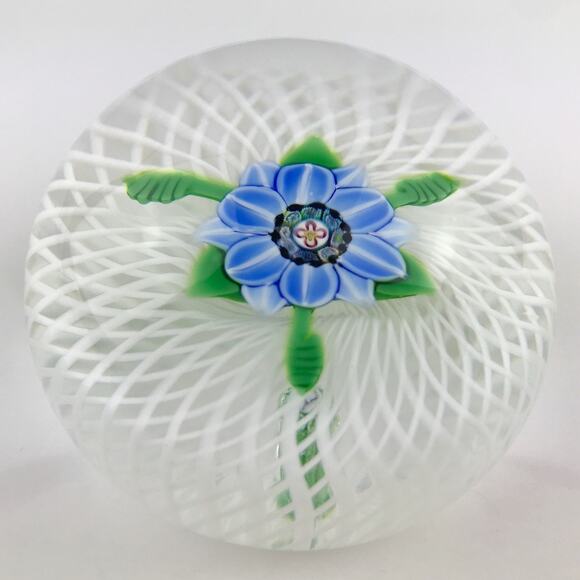 Perthshire 1985A Miniature Blue Flower Spiral Latticinio Cushion Paperweight - Picture 3 of 14